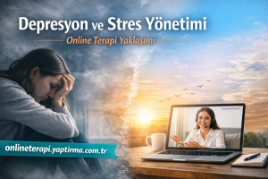 Depresyon ve stres yönetimi için online terapi yaklaşımı banner: üzülen kadın sol, laptopta terapist sağda, köşede URL.