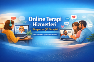 Turkish banner advertising online therapy services with people video chatting on laptops and the title 'Online Terapi Hizmetleri'.