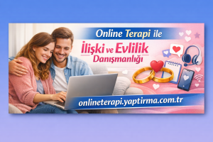 İlişki ve evlilik danışmanlığı için online terapi reklamı; çift laptopta birlikte gülümseyerek çalışıyor.