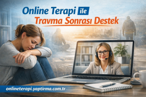 Woman sits curled up and sad beside a laptop showing a smiling therapist on a video call for online trauma support.