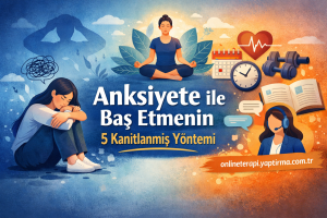 Turkish banner about coping with anxiety: 'Anksiyete ile Baş Etmenin 5 Kanıtlanmış Yöntemi' with meditating person, stressed woman, health and study icons, and the site onlinetherapi.yaptirma.com.tr image.