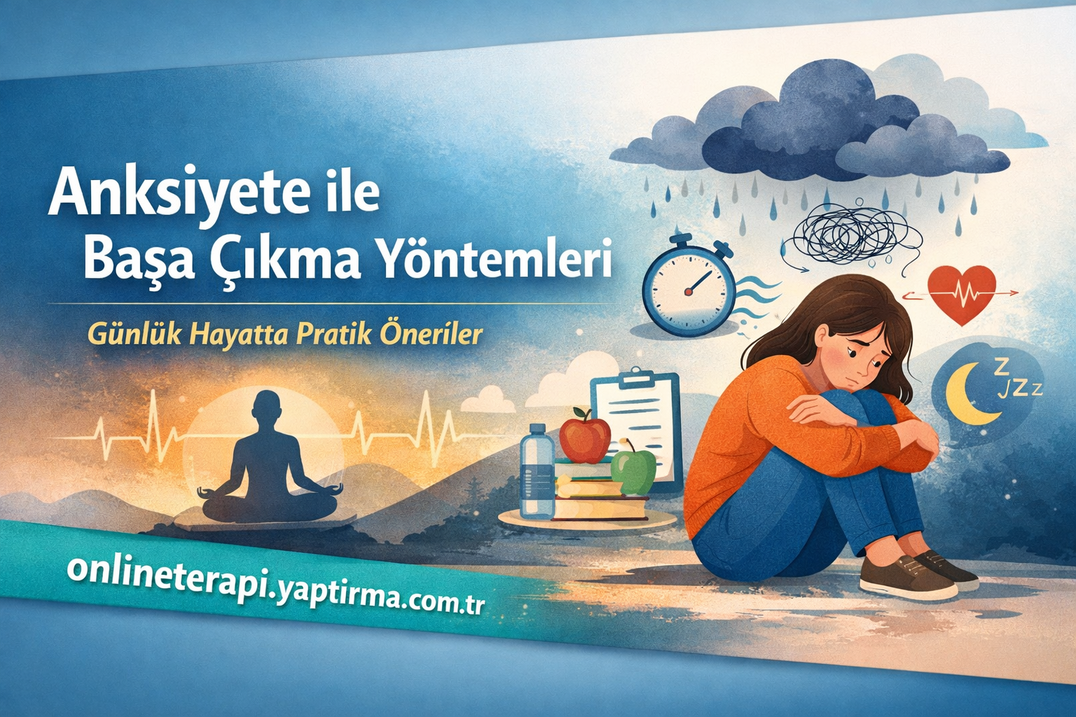 İnfografik başlıkla: Anksiyete ile Başa Çıkma Yöntemleri, Günlük Hayatta Pratik Öneriler.