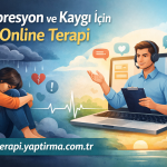 Promotional banner for online therapy: depressed person on left and a therapist on a laptop on the right, with Turkish text about depression and anxiety therapy and a website URL at the bottom.