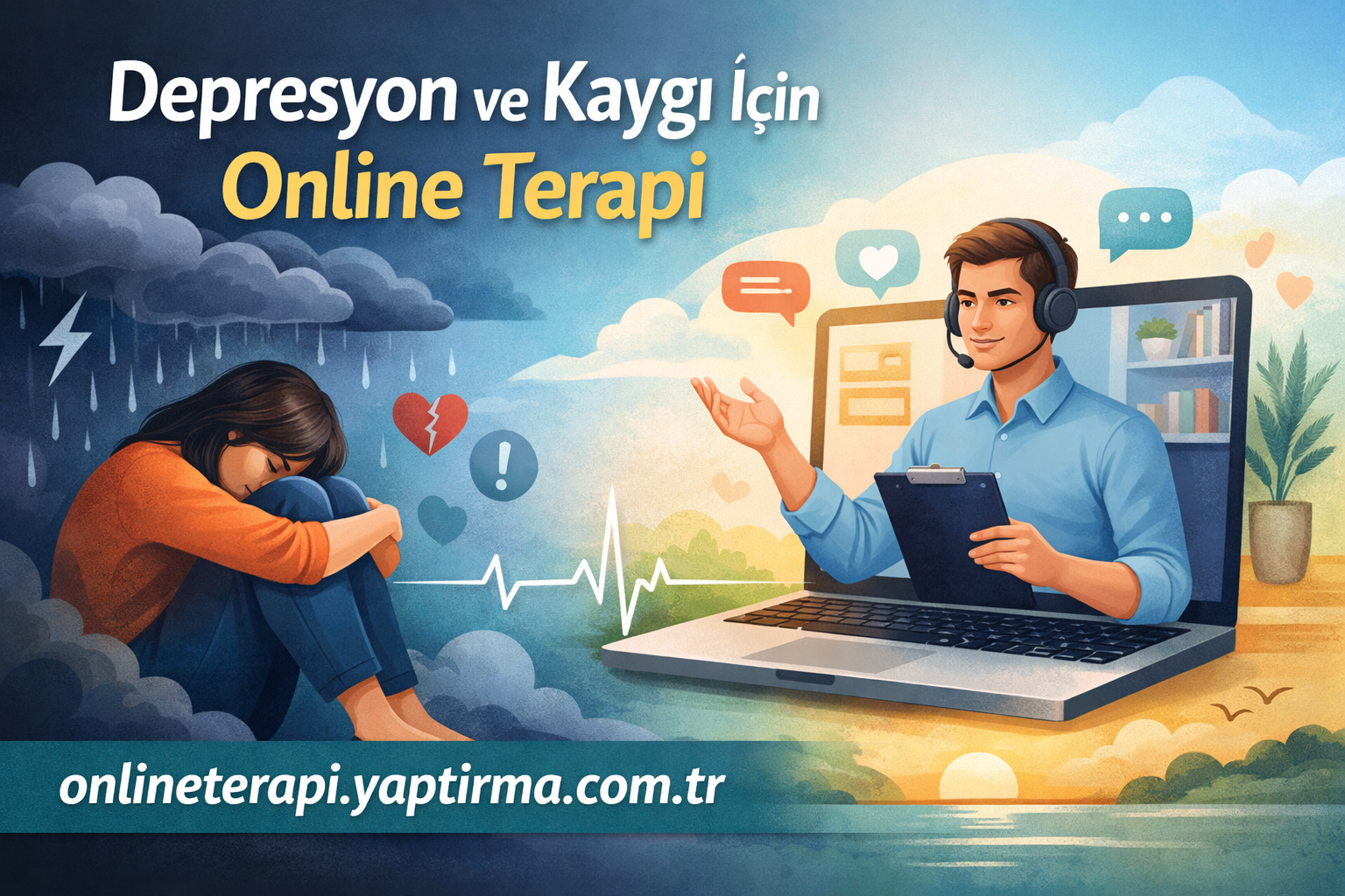Promotional banner for online therapy: depressed person on left and a therapist on a laptop on the right, with Turkish text about depression and anxiety therapy and a website URL at the bottom.