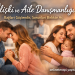 Promotional banner for relationship and family counseling showing two couples embracing warmly, with a smiling child, and a website URL in the corner (Turkish text about counseling).