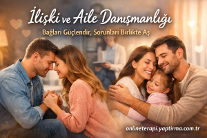 Promotional banner for relationship and family counseling showing two couples embracing warmly, with a smiling child, and a website URL in the corner (Turkish text about counseling).