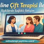 Woman therapist with headset on a video call with a couple on a laptop screen, promoting online couples therapy for healthy communication.