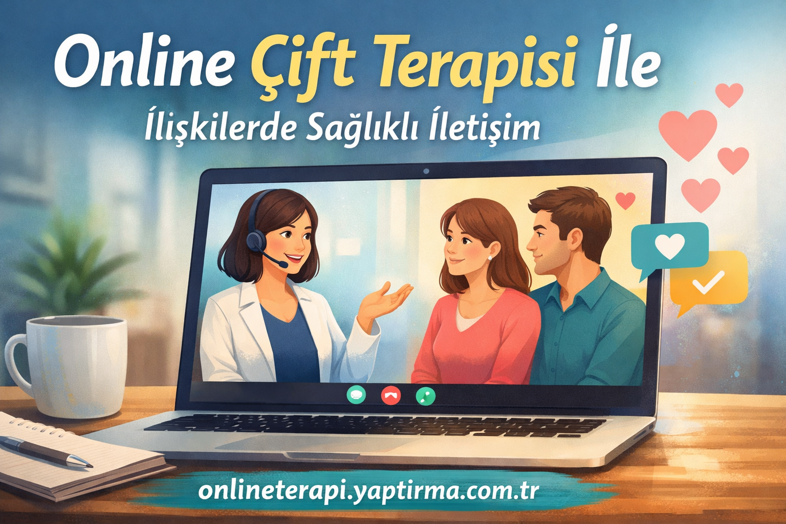 Woman therapist with headset on a video call with a couple on a laptop screen, promoting online couples therapy for healthy communication.