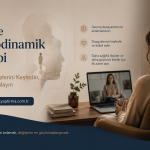 Banner for Online Psikodinamik Terapi: a person watching a therapist on a laptop in a cozy home setting with Turkish headings about discovering past and understanding today; site link visible at bottom left.