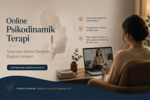 Banner for Online Psikodinamik Terapi: a person watching a therapist on a laptop in a cozy home setting with Turkish headings about discovering past and understanding today; site link visible at bottom left.