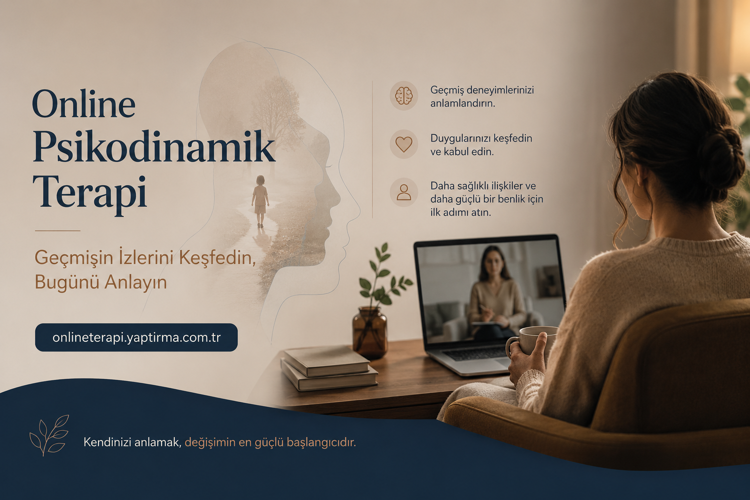 Banner for Online Psikodinamik Terapi: a person watching a therapist on a laptop in a cozy home setting with Turkish headings about discovering past and understanding today; site link visible at bottom left.