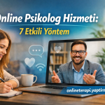 Woman with headphones taking notes while a man appears on a laptop screen for online therapy; banner mentions 7 effective methods and site URL at bottom.