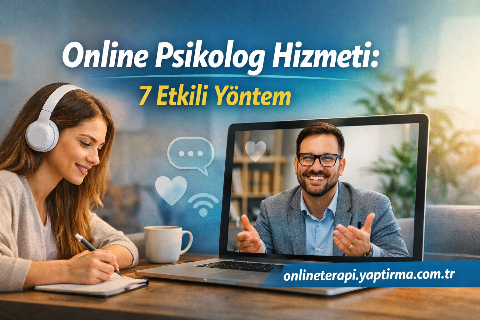 Woman with headphones taking notes while a man appears on a laptop screen for online therapy; banner mentions 7 effective methods and site URL at bottom.
