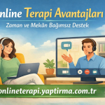 Illustration promoting online therapy: a woman wearing headphones sits in a yellow chair with a laptop, while a therapist speaks via a large monitor; text mentions 'Online Terapi Avantajları' and the site onlineterapi.yaptirma.com.tr.