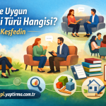 Turkish therapy poster showing people in counseling sessions on sofas, with chat bubbles and a web address for online therapy.