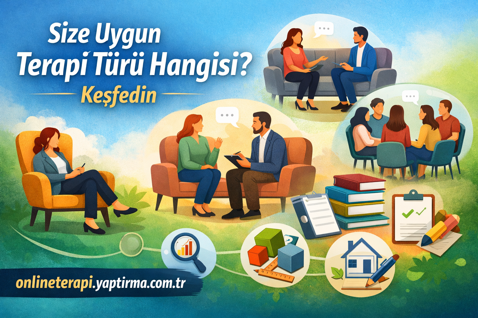 Turkish therapy poster showing people in counseling sessions on sofas, with chat bubbles and a web address for online therapy.