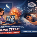 Woman with headphones chats with a therapist on a laptop at night while a man lies awake in bed; glowing brain and moon graphics symbolize sleep therapy.