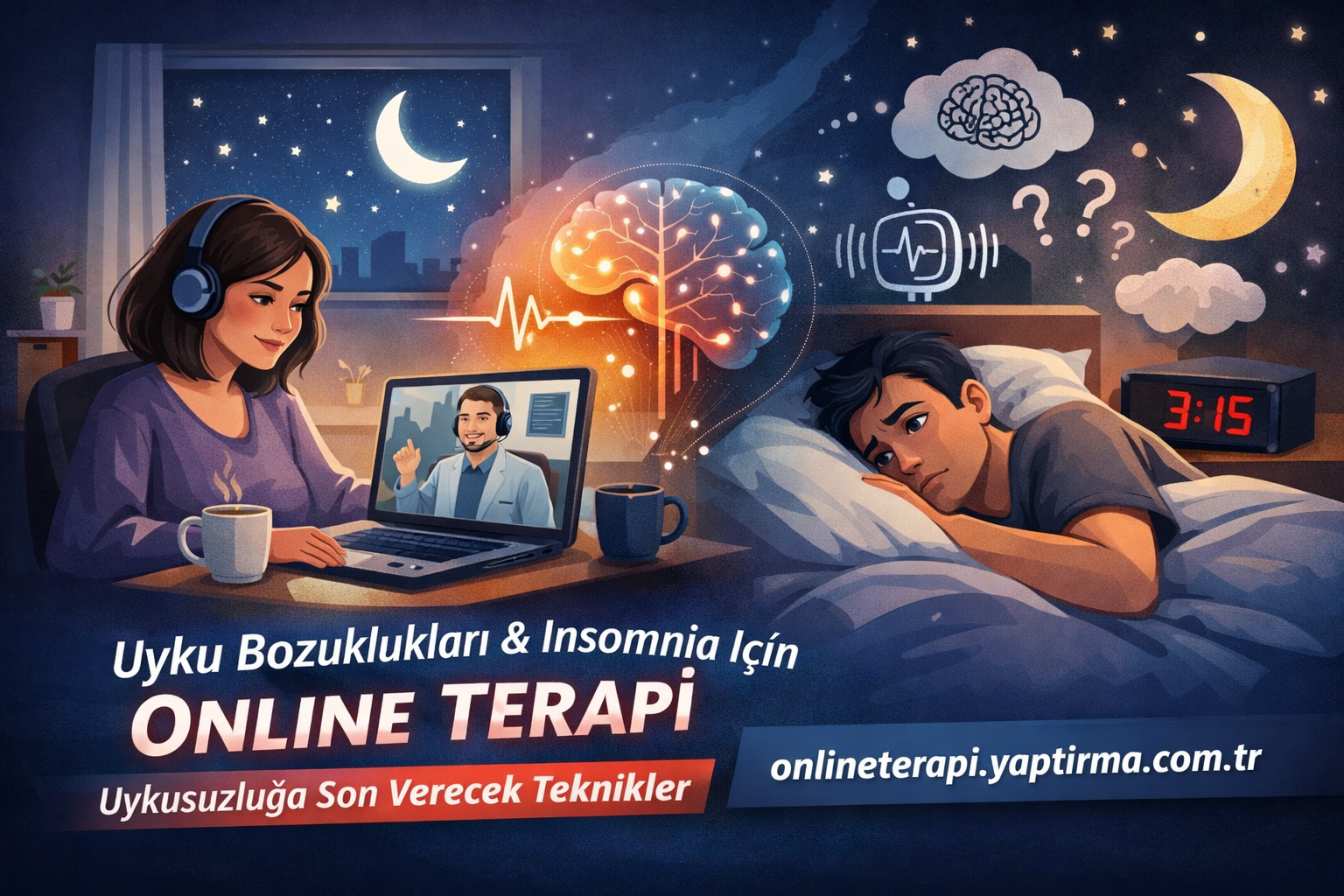 Woman with headphones chats with a therapist on a laptop at night while a man lies awake in bed; glowing brain and moon graphics symbolize sleep therapy.