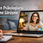 Online therapy promotion: smiling female therapist on laptop screen during a video call, with Turkish text and URL on the left side (Turkish ad for online therapy).