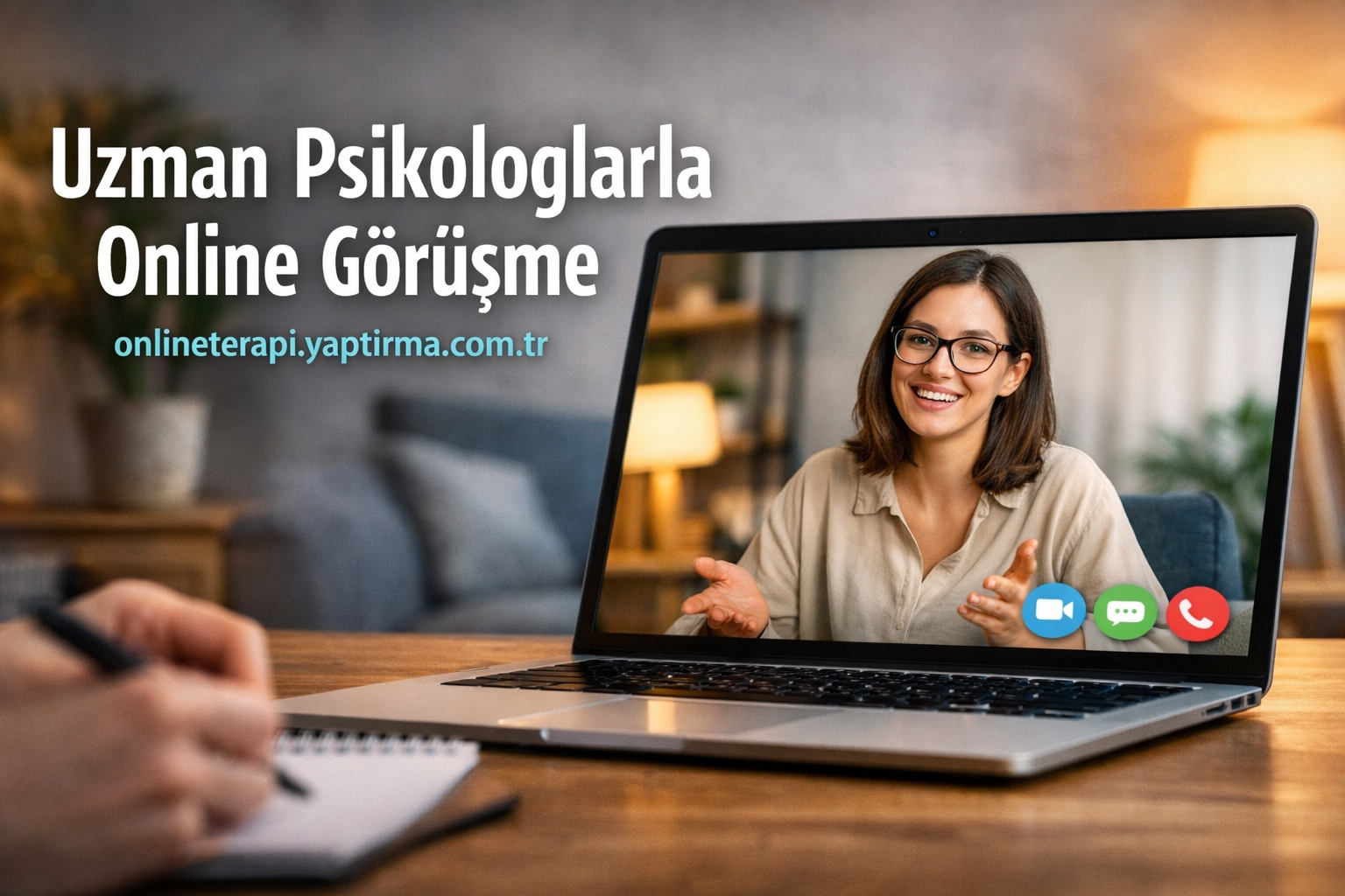 Online therapy promotion: smiling female therapist on laptop screen during a video call, with Turkish text and URL on the left side (Turkish ad for online therapy).