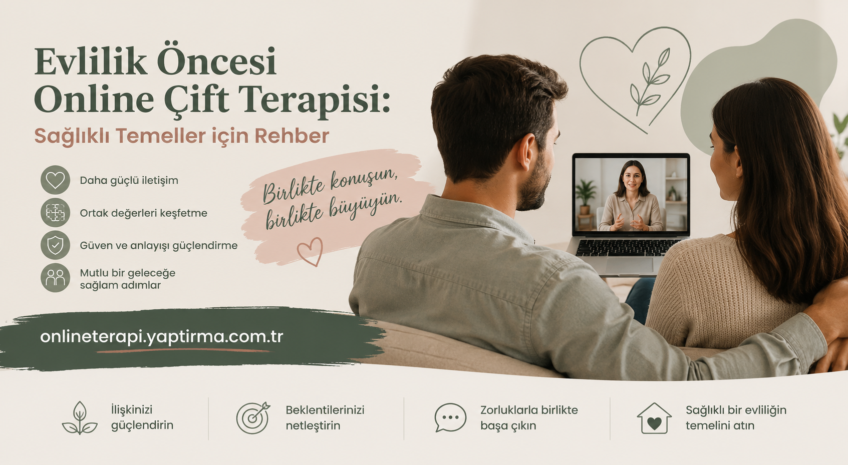 Online Couples Therapy banner: a couple on a sofa watching a therapist on a laptop screen, with Turkish headings about healthy foundations and growth.