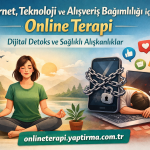 Illustration promoting online therapy for internet, tech, and shopping addiction: a calm woman meditating beside an hourglass, with a chained phone and shopping icons on the right.
