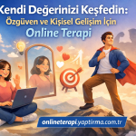 Kişisel gelişim ve özgüven için online terapiyi tanıtan, dağ manzaralı reklam görseli: kahraman erkek figürü ve laptopla oturan kadınla birlikte öne çıkıyor.