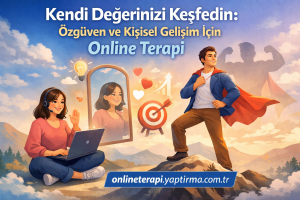 Kişisel gelişim ve özgüven için online terapiyi tanıtan, dağ manzaralı reklam görseli: kahraman erkek figürü ve laptopla oturan kadınla birlikte öne çıkıyor.