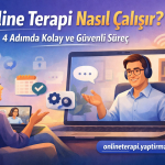 İki kişi, headsetli olarak çevrimiçi terapi görüşmesi yaparken bir laptop ekranında sohbet ediyor; üstte Türkçe başlık 'Online Terapi Nasıl Çalışır?' ve URL görünüyor.