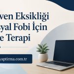 Turkish banner promoting online therapy for self-confidence and social anxiety; features a laptop, plant, mug, and abstract shapes with icons on the right; includes the site text.