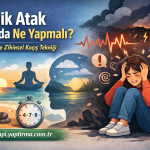 Poster titled 'Panik Atak Anında Ne Yapmalı? 5 Nefes ve Zihinsel Kaçış Tekniği' with a meditating figure by the sea and a distressed girl on the right.