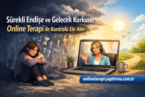 Anxious young woman sits on the ground, hands wrapped around her knees, while a laptop shows a smiling online therapist with a headset.