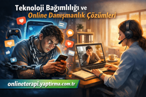 Illustration promoting online therapy for technology addiction: a chained man scrolling his phone while a counselor helps via video on a laptop.