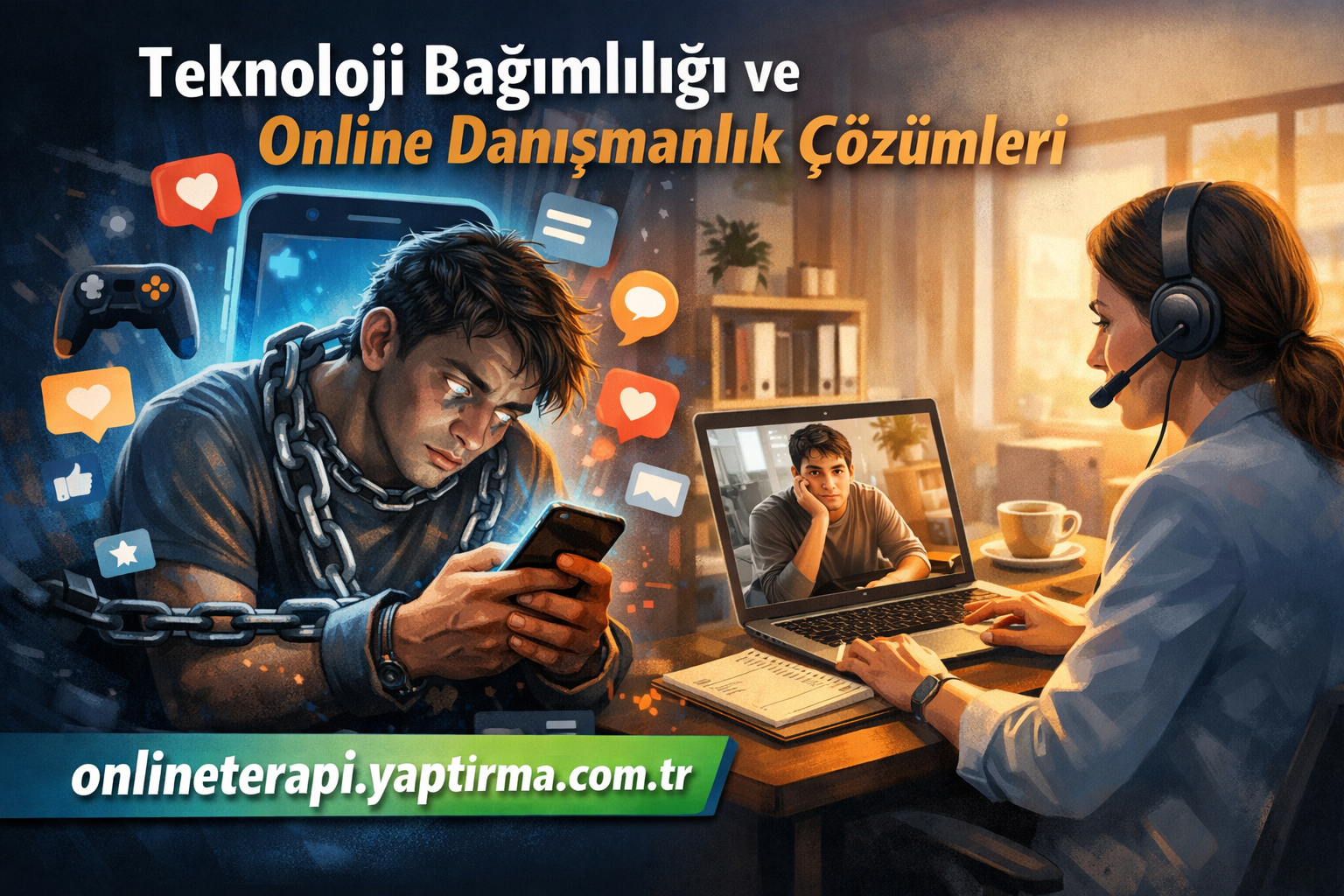 Illustration promoting online therapy for technology addiction: a chained man scrolling his phone while a counselor helps via video on a laptop.