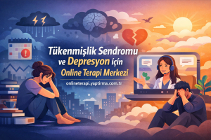 Online terapi merkezi reklamı; sol düşünceli kadın, sağında laptopta terapistiyle görüşen kişi görünüyor, Türkçe başlık var.
