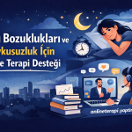 Banner illustration advertising online therapy for sleep disorders in Turkish: 'Uykuyu Bozuklukları ve Uykusuzluk İçin Online Terapi Desteği,' showing a night scene with a woman at a laptop, a clock, books, and a video call.