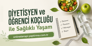 Diyetisyen ve öğrenci koçluğu ile sağlıklı yaşamı tanıtan Türkçe banner; salata kâsesi, yeşil elma ve not defteriyle planlama öğeleri.