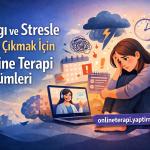 Turkish banner offering online therapy solutions to cope with anxiety and stress; illustration shows a distressed woman with a laptop showing a therapist on screen, and a purple URL banner at the bottom.
