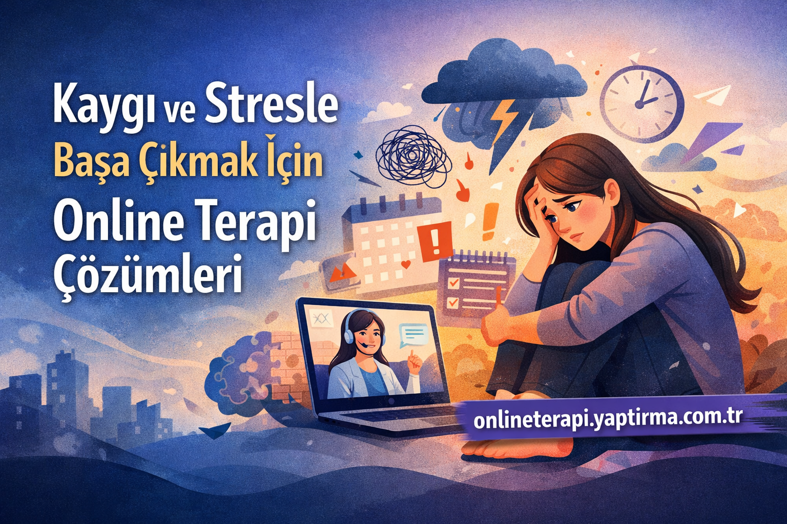 Turkish banner offering online therapy solutions to cope with anxiety and stress; illustration shows a distressed woman with a laptop showing a therapist on screen, and a purple URL banner at the bottom.
