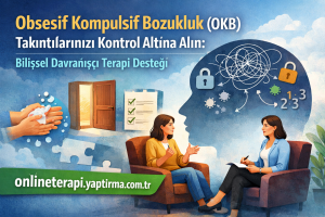 Poster advertising OCD treatment: Cognitive Behavioral Therapy support, urging to take control of intrusive thoughts with the website onlineterapi.yaptirma.com.tr.