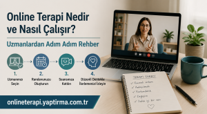 Turkish banner describing an online therapy step-by-step guide with four illustrated icons on the left and a person on a video call on a laptop screen to the right.