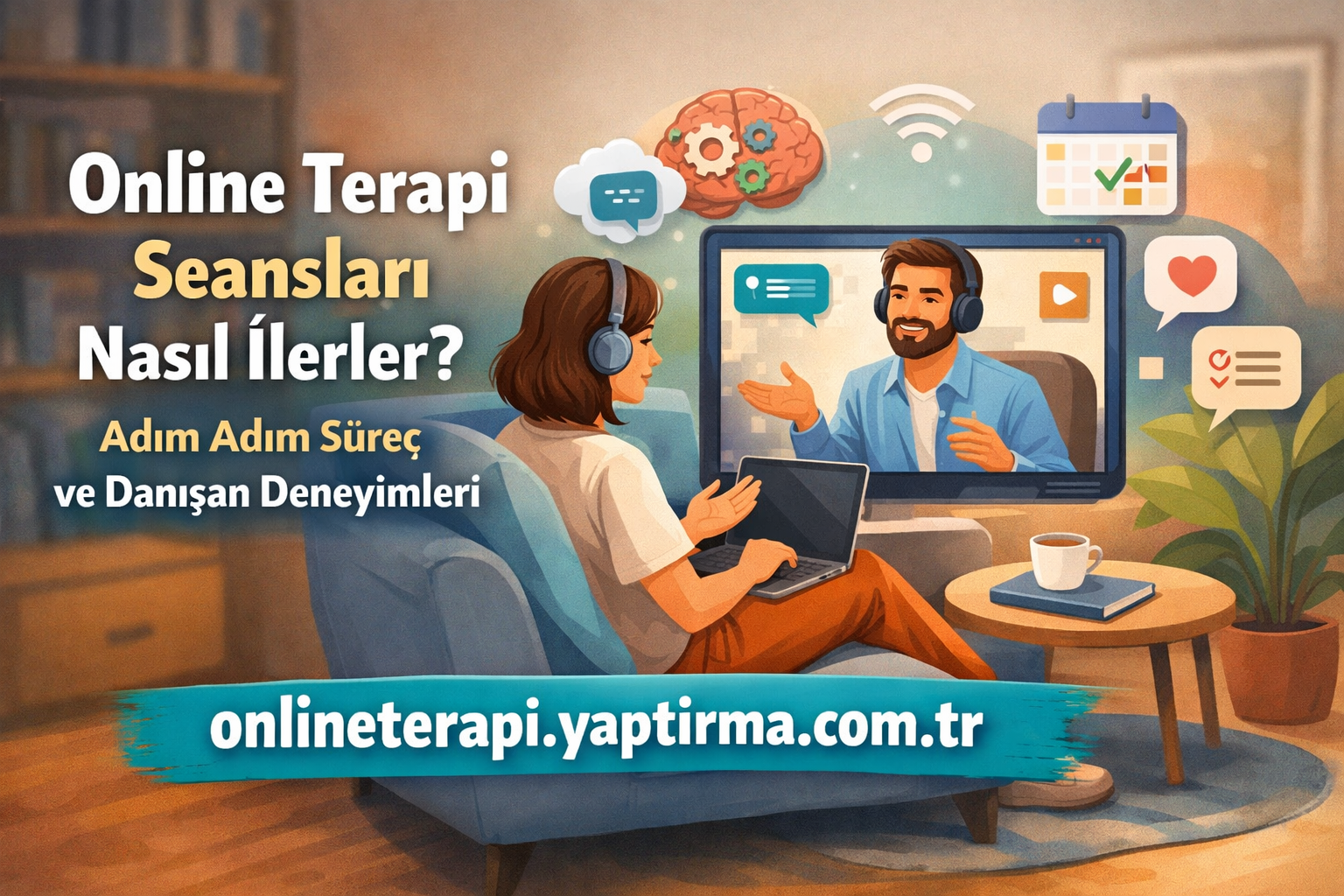 Online terapi seanslarının nasıl ilerlediğini anlatan Türkçe reklam görseli, ekrandaki terapistle sohbet ve kullanıcı laptopuyla çalışıyorlar. (Web sitesi: onlineterapi.yaptirma.com.tr)