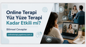 Başlık: Online Terapi Yüz Yüze Terapi Kadar Etkili mi? sorusu ve Bilimsel Cevaplar; bilgisayar ekranında video görüşmesi görünüyor (URL de mevcut).