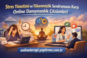 Turkish banner about stress management and burnout online counseling, showing a stressed woman at a cluttered desk and a therapist on a laptop screen.