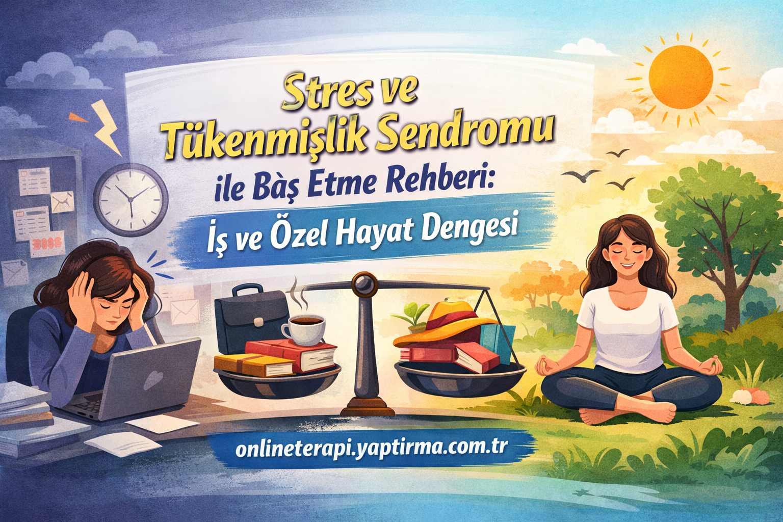 Poster promoting stress and burnout awareness, showing a stressed woman at a desk with a laptop and papers on the left and a peaceful meditator outdoors on the right, with a large Turkish title banner in the middle.