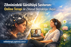 Turkish promotional banner for online therapy: a woman with headphones smiles at a laptop showing a male therapist, bright colors and calm imagery; URL onlineterapi.yaptirma.com.tr