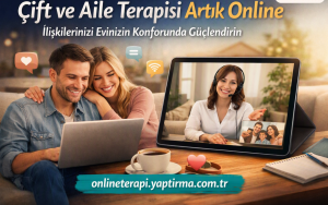Couple smiling at a laptop while a tablet shows a smiling therapist on a video call, promoting online couples therapy.