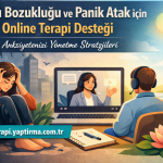 Renkli banner: Kaygı bozukluğu ve panik atak için çevrimiçi terapi desteğini tanıtıyor; laptop ekranında terapist konuşuyor, yanında headsetli erkek dinleyen kişi kaygılı kadını başını ellerine almış olarak gösterir.