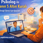 Promotional banner for online psychology tips, showing a woman with orange headphones video-calling a therapist on a laptop, with coffee cup and plants nearby.