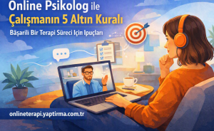 Promotional banner for online psychology tips, showing a woman with orange headphones video-calling a therapist on a laptop, with coffee cup and plants nearby.
